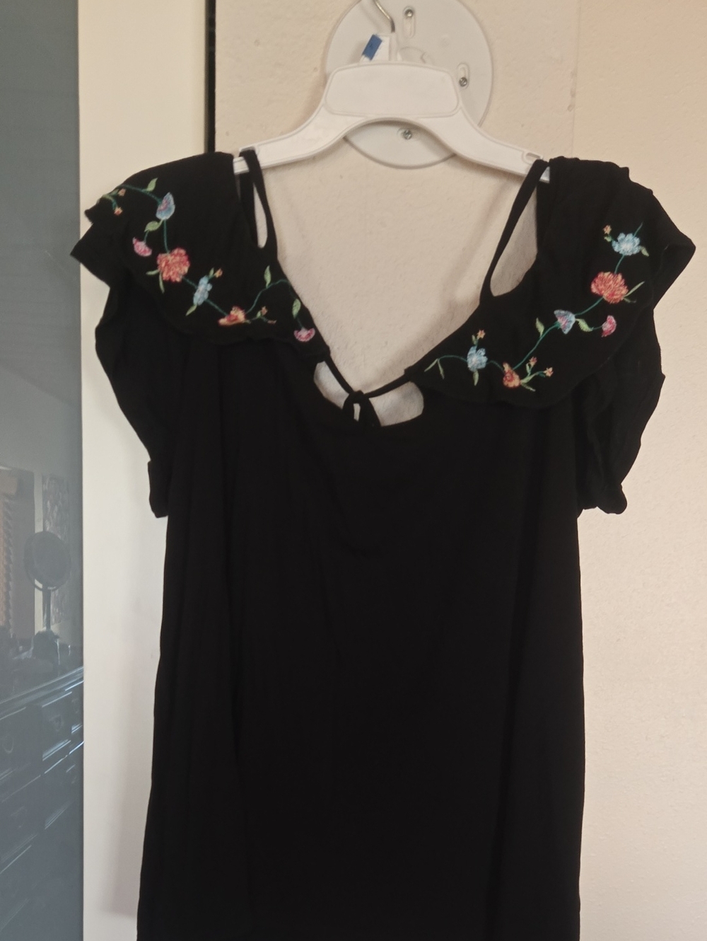 Black Embroidered Flutter-Sleeve Tunic with Tie Back